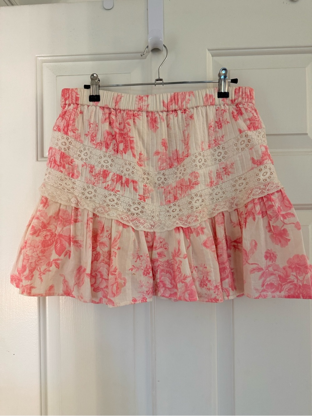 LoveShackFancy Pink and Cream Floral Tiered Lace Mini Skirt